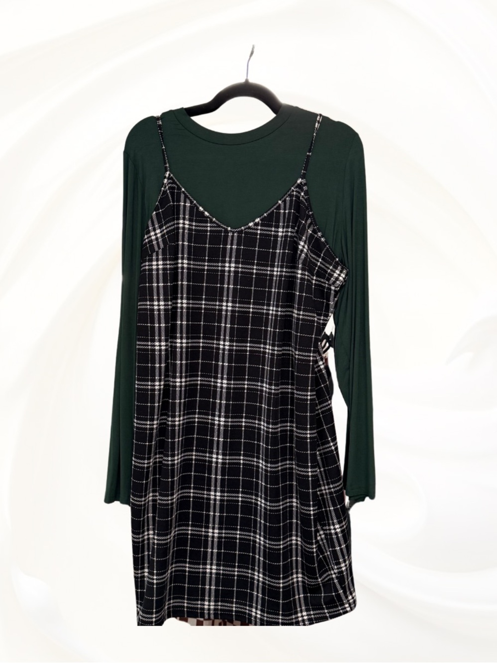 Fall Plaid plus size Dress with Green Layering Top